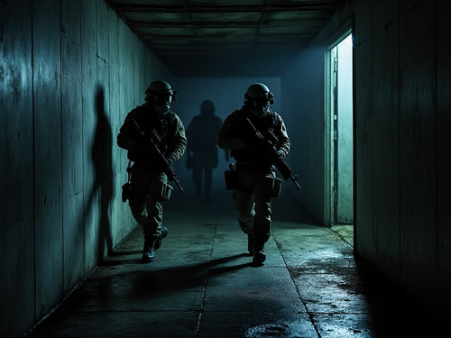 Tactical Team SWAT Entering a Dark Building using the VPC Tactical Pole Camera