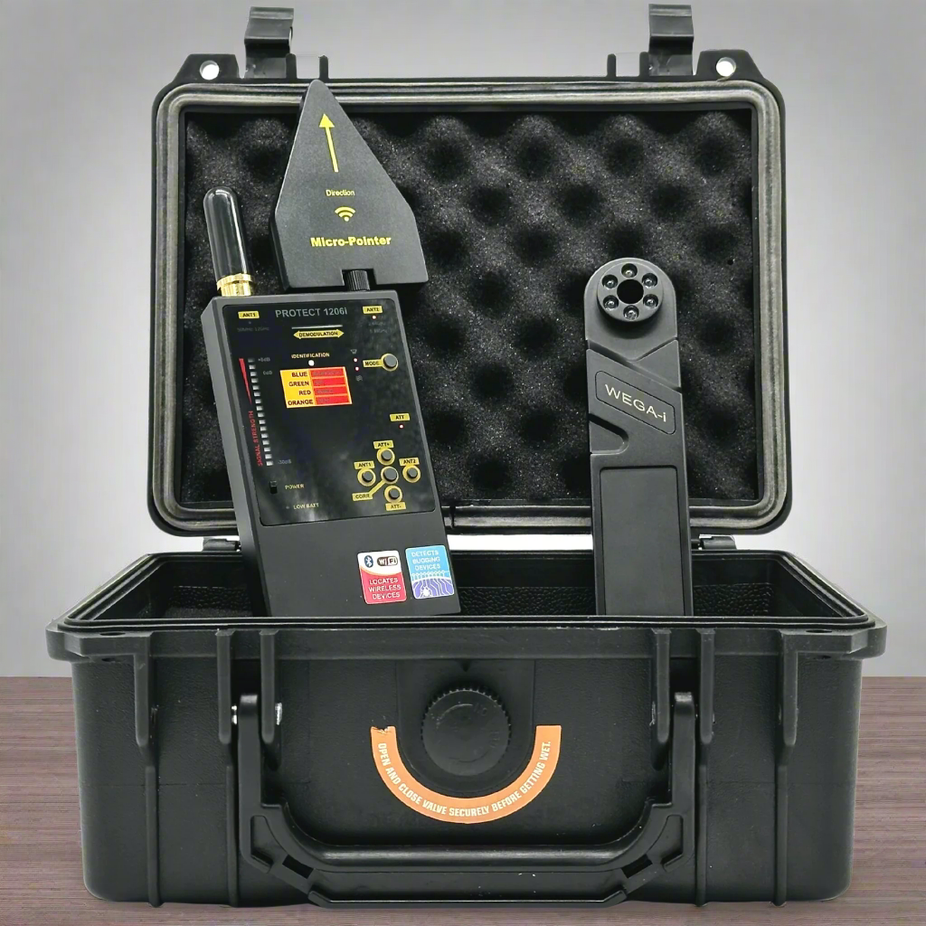 DD1206 Elite kit displayed with RF detector, camera finder and rugged carrying case on a table.