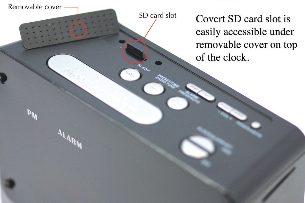 SC80004K Night Vision Clock Radio 4K Hidden Camera DVR With Cover Removed to Show SD Card Slot