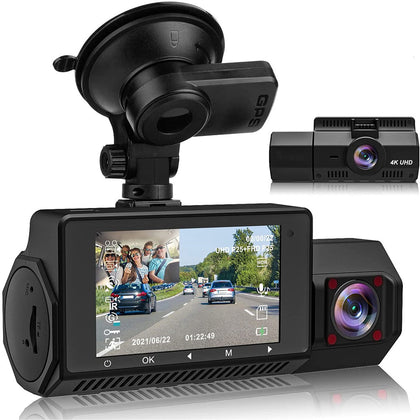 4K dual dash cam system with front-facing and rotating cameras for vehicle surveillance