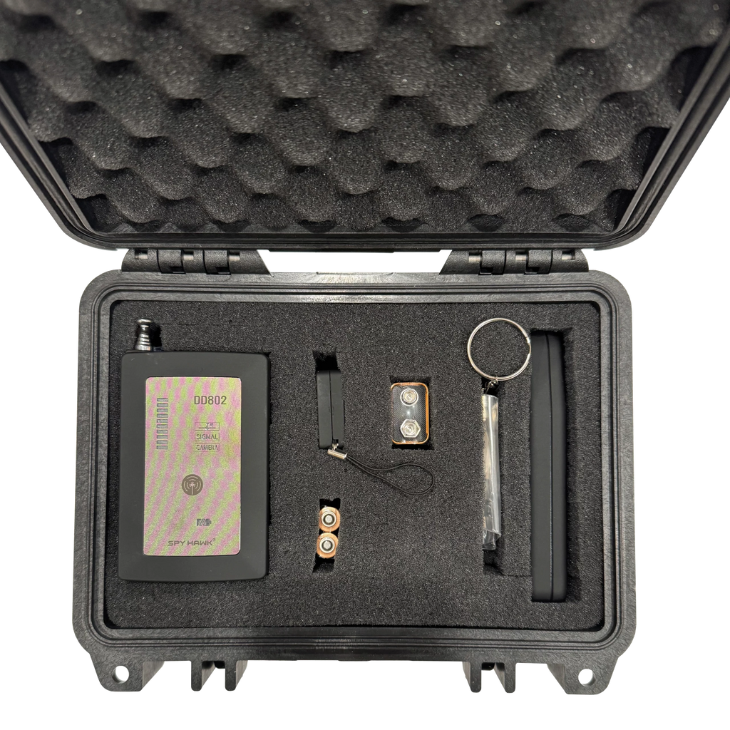 EOP kit in an open foam case with a DD902 detector, a small two-button tool, batteries, and two slim tools