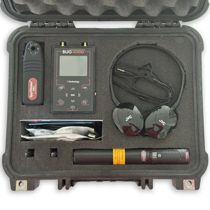 TKP Ultra open case with SpyFinder PRO, Bug Hunter BH-04 detector, JVC headphones, cables, and a telescopic pole