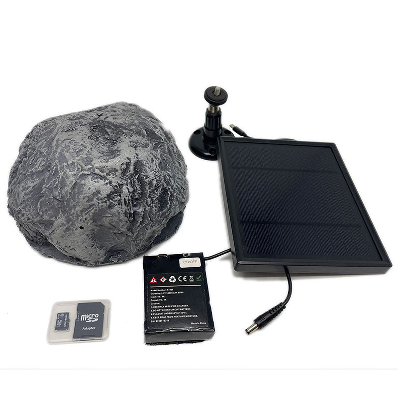 Xtreme Life 4K hidden camera designed as a rock with solar panel accessory