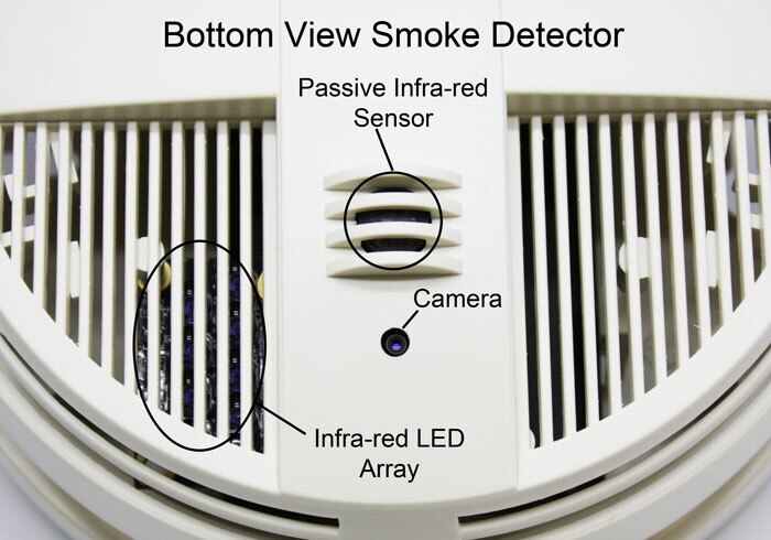 SC72004K Night Vision [Bottom View] Smoke Detector 4K Hidden Camera DVR [Battery Powered] Showing Infra_Red Sensor, LED Array and Camera
