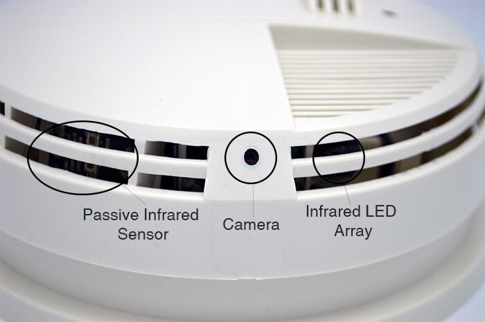 SGSDSV Night Vision Smoke Detector WiFi Hidden Camera Close Up of Camera, Sensor and LED