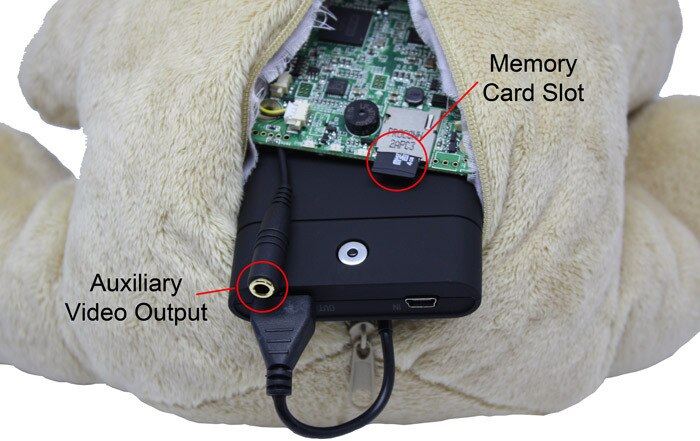 SC70024K Teddy Bear 4K Hidden Camera DVR [Battery Powered] Back Unzipped To Show SD Card Slot and Auxiliary Video Output