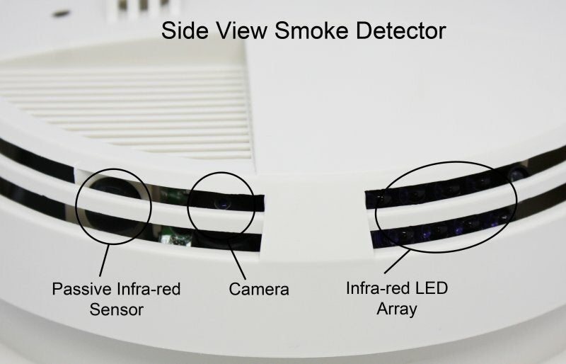 SC71004K Night Vision [Side View] Smoke Detector 4K Hidden Camera DVR [Battery Powered] Showing Infra-Red Sensor, LED Array and Camera