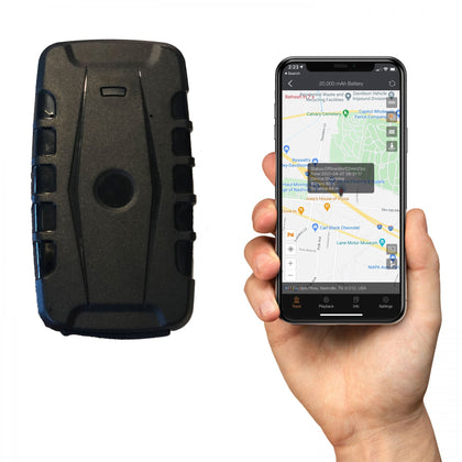 GPS903-4G6 iTrail Endurance Real Time, Weather Resistant, Magnetic GPS Tracker w/ 6 Months of Service With Cellphone Showing the App