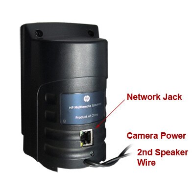 HWF460 WiFi Computer Speakers Hidden Camera w/ Remote View & Record - Back View Showing Imput and Wires